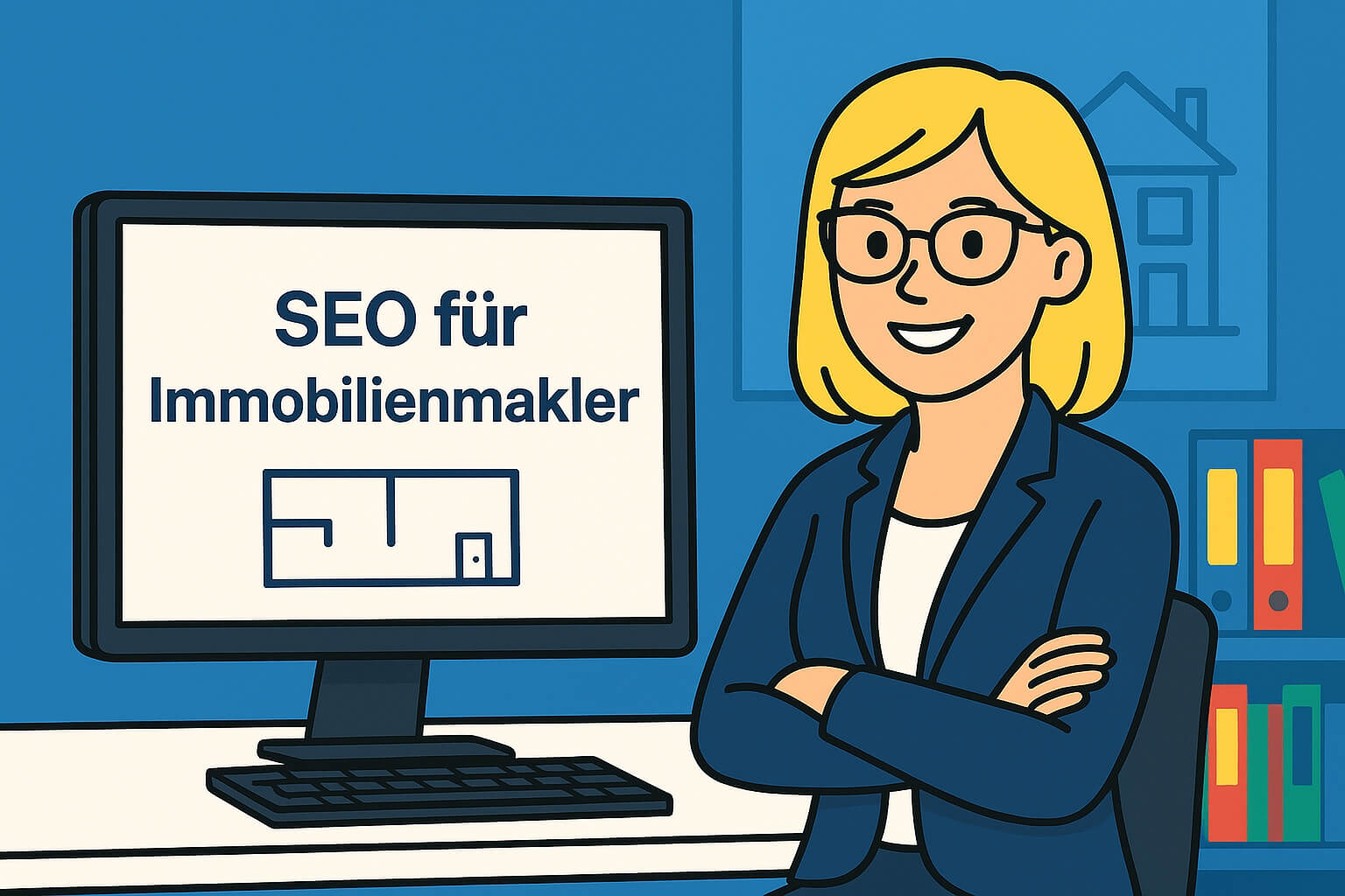 SEO für Versicherungsmakler - So erhöhen Sie Ihre Sichtbarkeit Illustration einer blonden, lächelnden Immobilienmaklerin im Business-Outfit. Auf dem Monitor steht „SEO für Immobilienmakler“. Im Hintergrund sind ein Whiteboard mit einem einfachen Grundriss und ein Regal mit bunten Ordnern zu sehen.