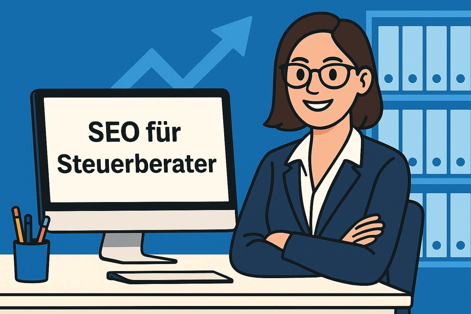 SEO für Immobilienmakler - Die 8 besten Tipps für mehr Sichtbarkeit Comicillustration einer Frau mit realistischer Hautfarbe, Brille und Business-Kostüm, die lächelnd am Schreibtisch sitzt. Auf dem weißen Monitor steht „SEO für Steuerberater“. Im Hintergrund sind weiße Aktenordner und ein blauer Chart-Pfeil nach oben zu sehen.