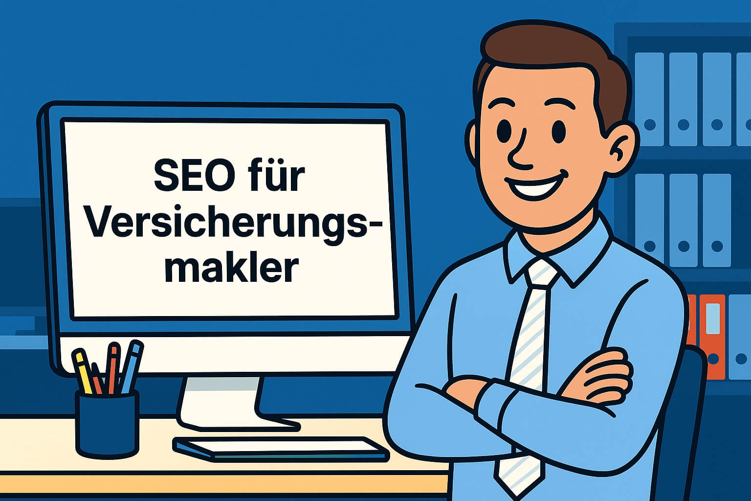 SEO für Immobilienmakler - Die 8 besten Tipps für mehr Sichtbarkeit Comicillustration eines Mannes im blauen Hemd und Krawatte mit Kurzhaarfrisur, der lächelnd vor einem Computer sitzt. Auf dem weißen Bildschirm steht „SEO für Versicherungsmakler“. Hintergrund in sattem, mittlerem Blauton mit Regalen und Ordnern.
