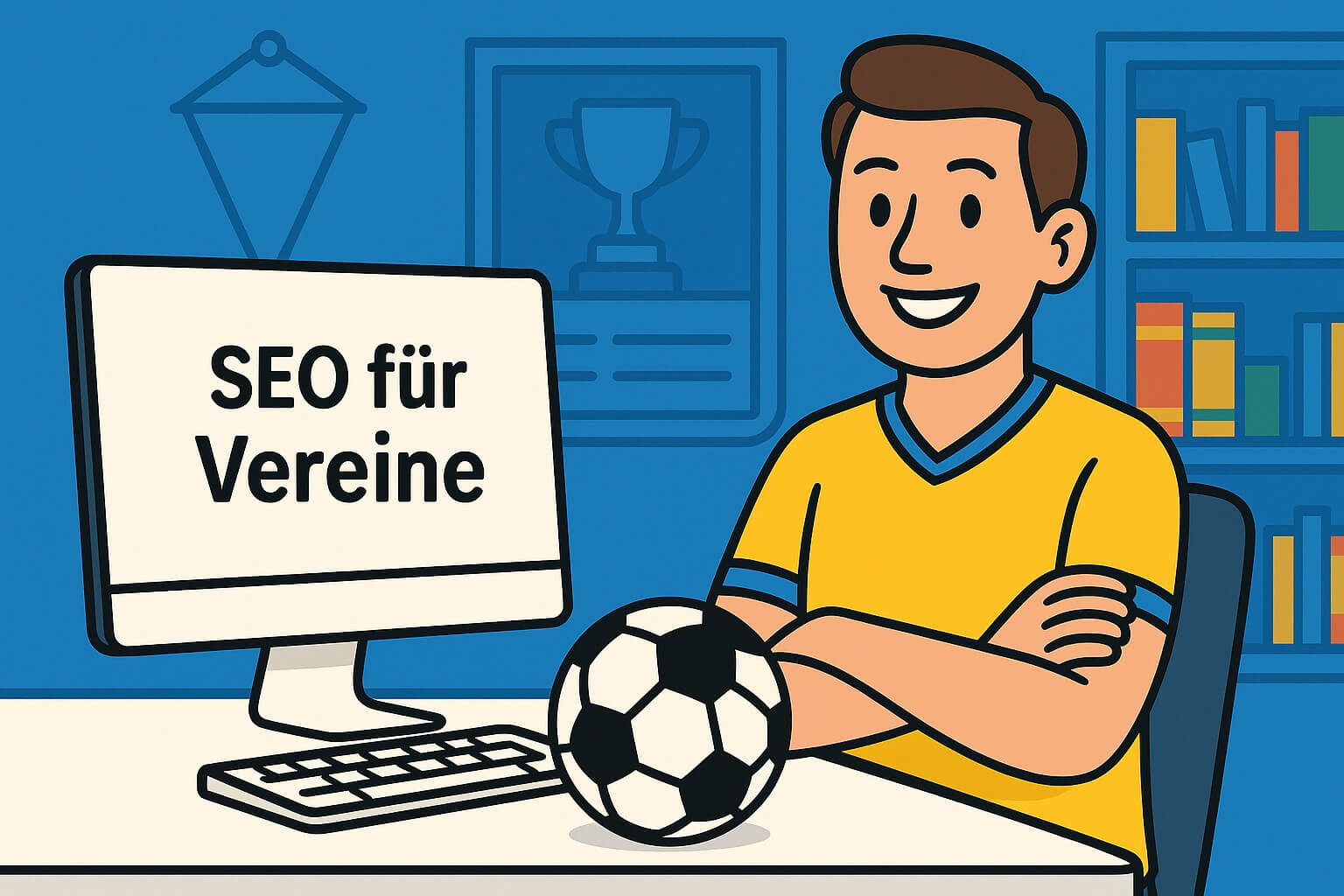 SEO für Immobilienmakler - Die 8 besten Tipps für mehr Sichtbarkeit Illustration eines Fußballers im gelben Trikot, der am Schreibtisch sitzt und eine Hand auf einen Fußball legt. Auf dem Monitor steht „SEO für Vereine“. Im Hintergrund hängen ein Vereinswimpel und eine Vitrine mit Pokalen, daneben ein Regal mit bunten Ordnern.