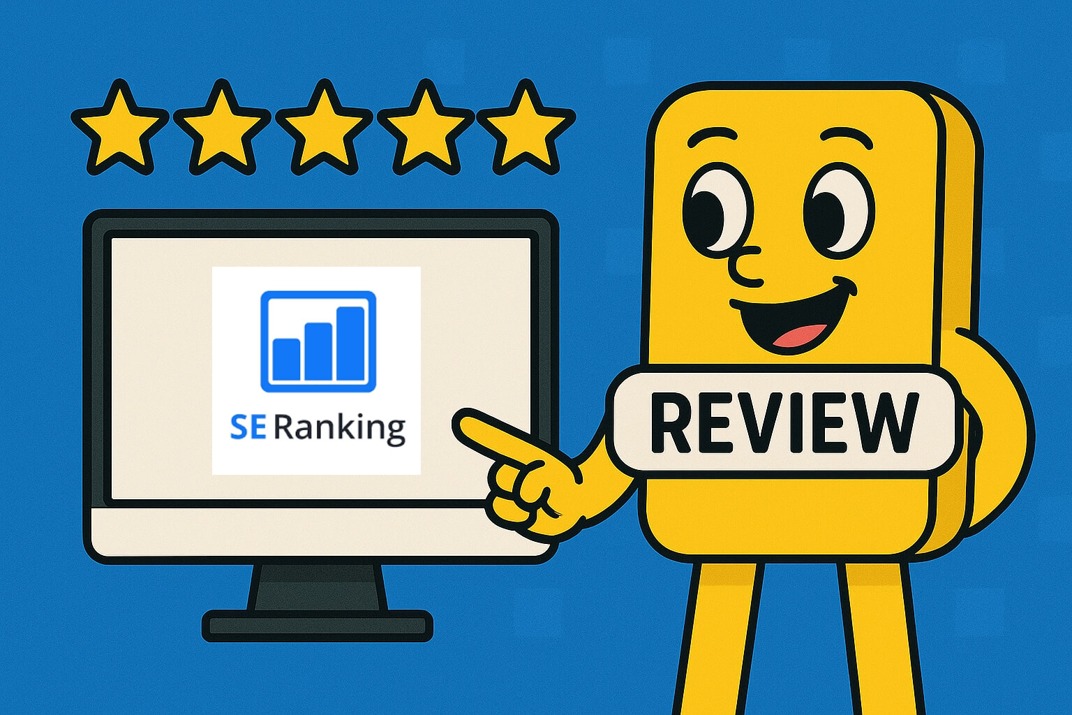Homepage SEO - Startseite in 5 Schritten für Google optimieren Review SE Ranking - Illustration einer gelben Figur mit der Aufschrift „Review“ auf der Brust, die rechts steht. Links daneben ein großer weißer Monitor, auf dem später das Logo von SE Ranking eingefügt wird. Über dem Monitor sind fünf Sterne angeordnet.